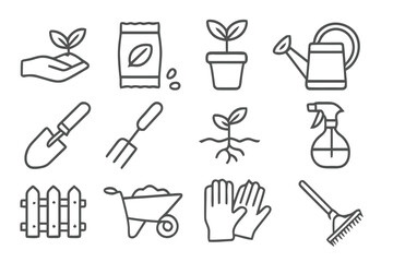 Line Art Icons of Gardening Tools and Plants seedling