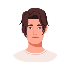 Young man, face avatar. Modern male character head with trendy hairstyle, stylish haircut. Handsome guy with hair style, user profile. Flat vector illustration isolated on white background
