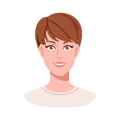 Female avatar, head portrait. Friendly smiling young woman with short hair style, haircut. Pretty attractive girl face, modern user profile. Flat vector illustration isolated on white background