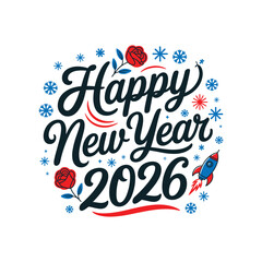 Happy New Year 2026 Typography with Roses and Rocket Illustration