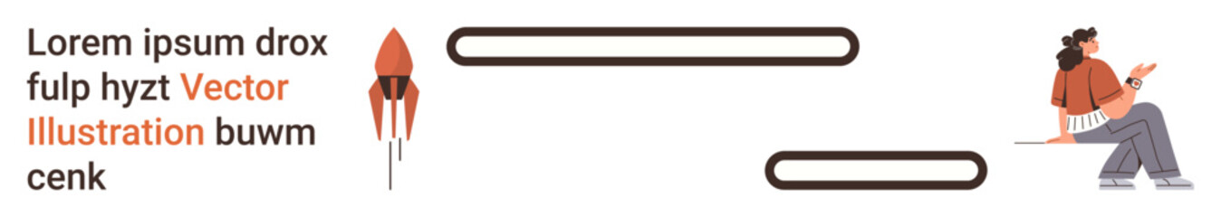 Communication, presentations, collaboration, brainstorming, UI design, education. A woman sits gesturing, accompanied by blank text placeholders and an abstract red graphic. Communication