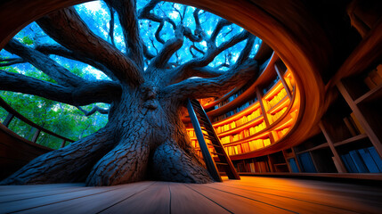 Ancient Tree Hollow with Miniature Glowing Library, Knowledge Ecosystem Metaphor