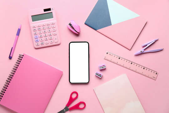 Set of school stationery and mobile phone on pink background - Powered by Adobe