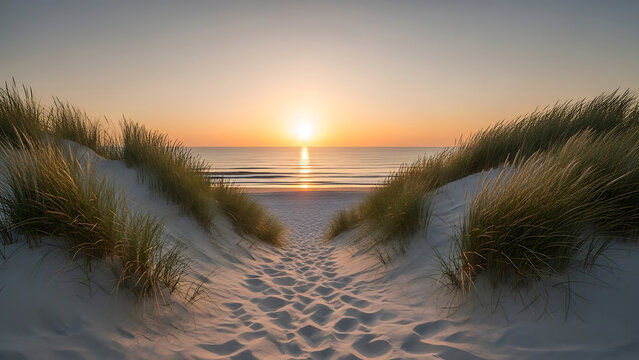 Sandy beach path leading to ocean at sunset dunes grass - Powered by Adobe