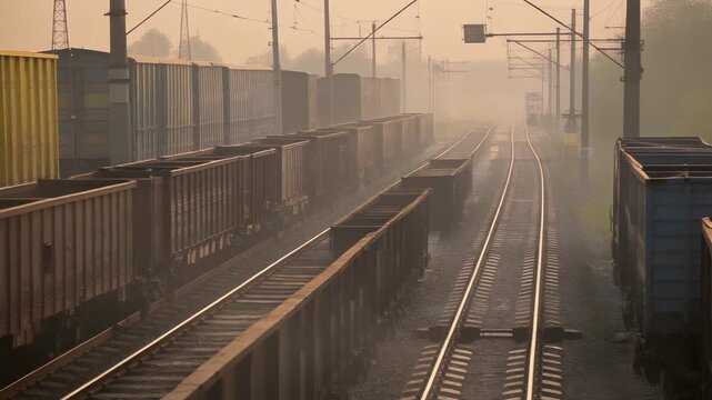 Long view of an industrial railway yard with multiple tracks and rows of empty freight wagons on a misty morning at sunrise, showcasing cargo transportation infrastructure.