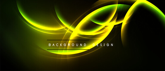 Abstract neon lines create dynamic flow. Yellow, green hues contrast dark background. Modern design element for digital projects.