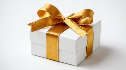 Obraz premium A white gift box with a gold bow, a Christmas present.