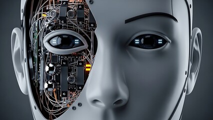 Realistic robot head with exposed sensors and glowing circuits.