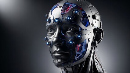 Realistic robot head with exposed sensors and glowing circuits.