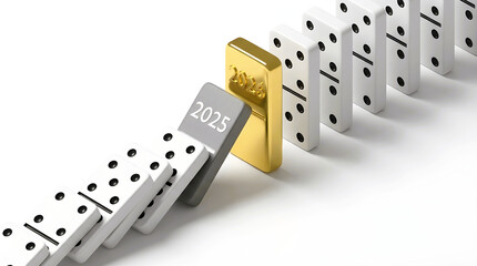 2005-2026 transition Domino Effect with Golden Block: Conceptual 3D render showing 2025 domino stopped by a golden block, representing resilience and strategic success in 2026.