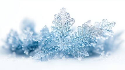 Close-up of delicate blue snowflakes on white background  