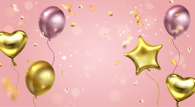 Birthday card with air balloons and golden confetti flying on pink background. Vector realistic illustration of yellow foil helium balls, star and heart shaped, holiday party decoration, anniversary