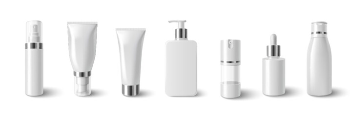 Skincare product mockup set with white cosmetic bottles, tubes and pump containers with silver lids. Realistic beauty packaging of cream tubes, serum dispensers and blank skincare templates.