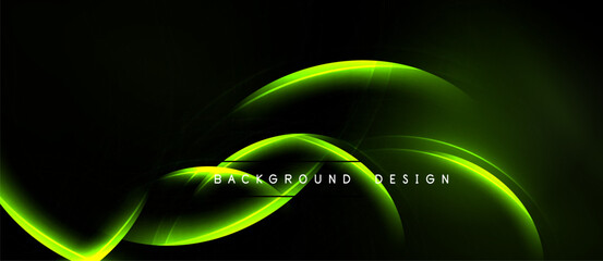 Dark backdrop features vibrant green curves. Lines create dynamic, flowing visual effect. Modern design element for digital projects.