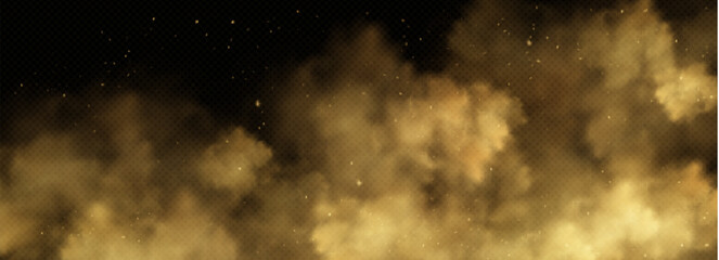 Yellow smoke clouds with sparks flying in air. Vector realistic illustration of transparent mist rising above fire, fiery heat rising up with cinder particles, burning flame haze overlay effect © klyaksun