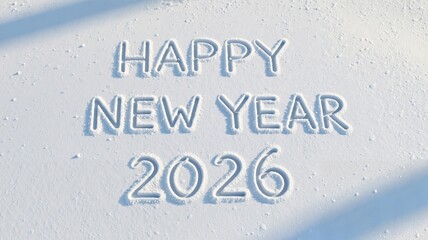 Handwritten lettering Happy New Year into the white snow. New Year 2026