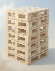 Stacked wooden pallets against a light sky