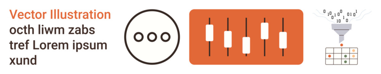 Data analysis, financial reporting, stock analysis, information processing, visualization, and technology applications. Icons feature bar charts, filters and data tables. Data analysis and reporting