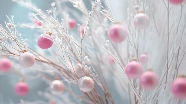 Delicate frosted branches dotted with pink and white Christmas baubles, creating a soft, wintry scene.