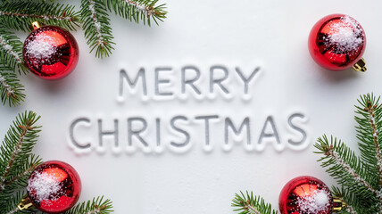 Handwritten lettering Merry Christmas into the snow. Spruce branches and red Christmas tree baubles. 
