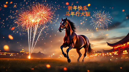 Happy Chinese New Year. Year of the horse. Greeting card and poster design. Firework background.
