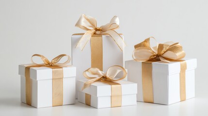 Obraz premium A white gift box, a gold bow, a Christmas present.