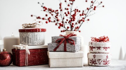 Beautifully decorated Christmas gift boxes were placed on the table against a white background