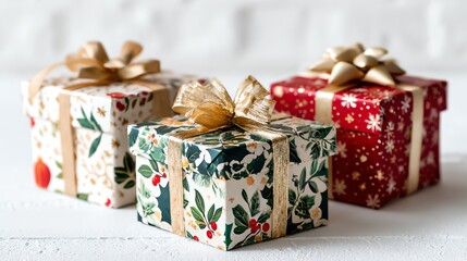 Beautifully decorated Christmas gift boxes were placed on the table against a white background
