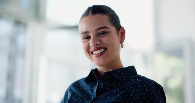 Smile, face and business woman in office for professional, realtor and about us. Property developer, happiness and confidence with portrait of employee in agency for real estate agent and opportunity