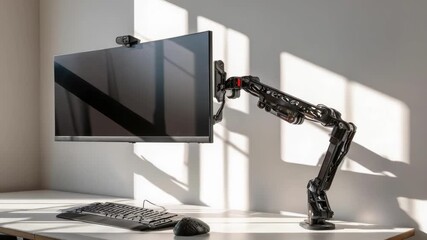 Computer monitor on an adjustable desk arm with a keyboard and mouse on a clean desk.
