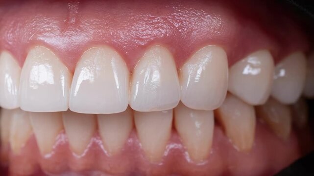 Close-up of a bright, straight smile with white upper and lower teeth and healthy pink gums.