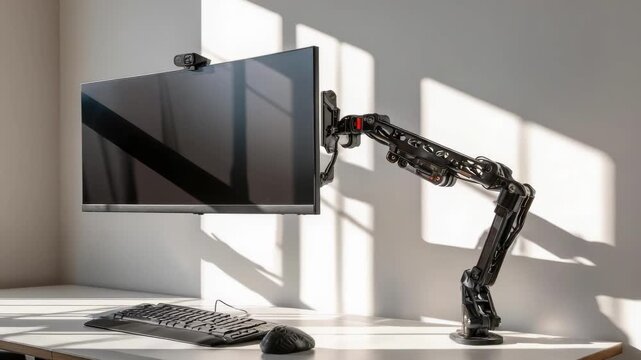Computer monitor on an adjustable desk arm with a keyboard and mouse on a clean desk.