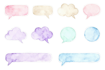 Watercolor speech bubbles with doodle outlines in soft pastel tones on transparent background, ideal for chat designs, social media stories, planners, journaling and printable stickers.