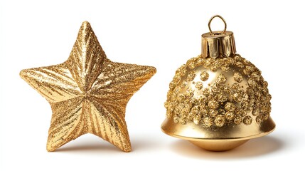 golden christmas decoration isolated on white. Golden ball, star, bell isolated on white 