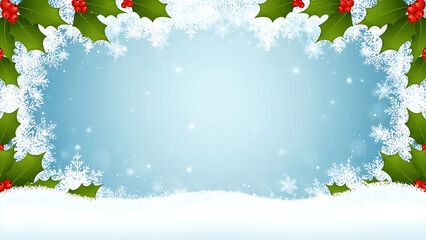 Charming winter background with festive holly, sparkling snowflakes, and a frosty ice frame, perfect for holiday greetings and seasonal celebrations