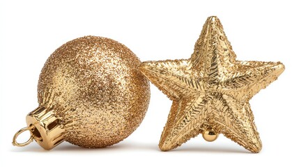 golden christmas decoration isolated on white. Golden ball, star, bell isolated on white 