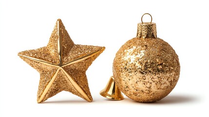 golden christmas decoration isolated on white. Golden ball, star, bell isolated on white 
