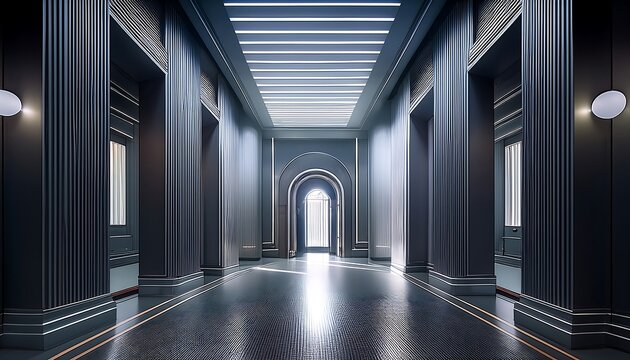 Sleek minimalist entrance hall with futuristic architecture, elegant indirect lighting, and a reflective polished floor, creating a luxurious modern interior