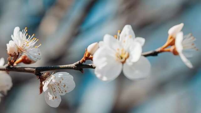 Close-up of white blossoms blooming on a thin tree branch with a soft blue background.