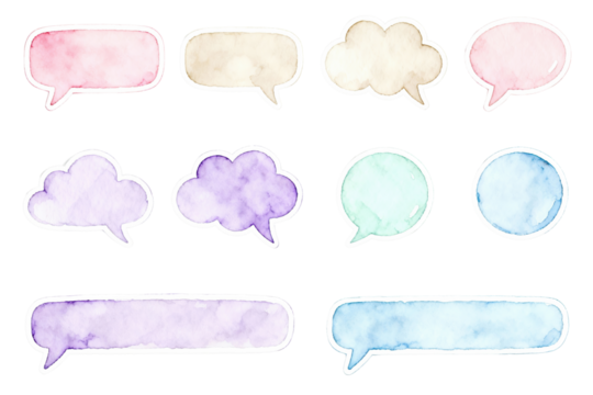 Watercolor speech bubbles with doodle outlines in soft pastel tones on transparent background, ideal for chat designs, social media stories, planners, journaling and printable stickers. - Powered by Adobe
