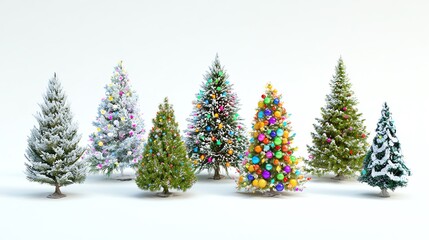 Various Christmas trees on a pure white background, adorned with colorful balls and lights