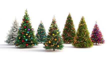 Various Christmas trees on a pure white background, adorned with colorful balls and lights