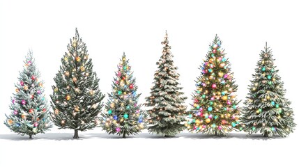 Various Christmas trees on a pure white background, adorned with colorful balls and lights
