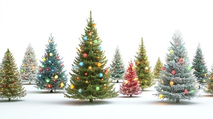 Various Christmas trees on a pure white background, adorned with colorful balls and lights
