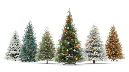 Various Christmas trees on a pure white background, adorned with colorful balls and lights