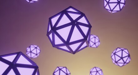 Abstract 3D geometric polyhedra floating in a futuristic digital space, representing technology, science, and network connections with glowing wireframe forms on a colorful gradient background
