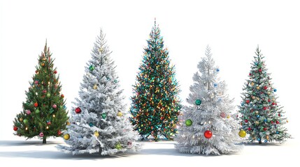 Various Christmas trees on a pure white background, adorned with colorful balls and lights