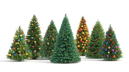 Various Christmas trees on a pure white background, adorned with colorful balls and lights