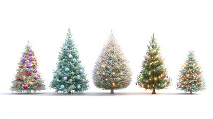 Various Christmas trees on a pure white background, adorned with colorful balls and lights