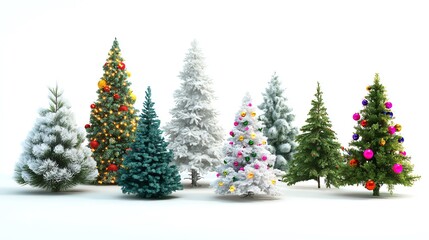 Various Christmas trees on a pure white background, adorned with colorful balls and lights